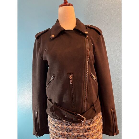 Sans Souci Faux Suede Moto Jacket Attached Belt Zipper Close & Pockets S - Picture 3 of 8